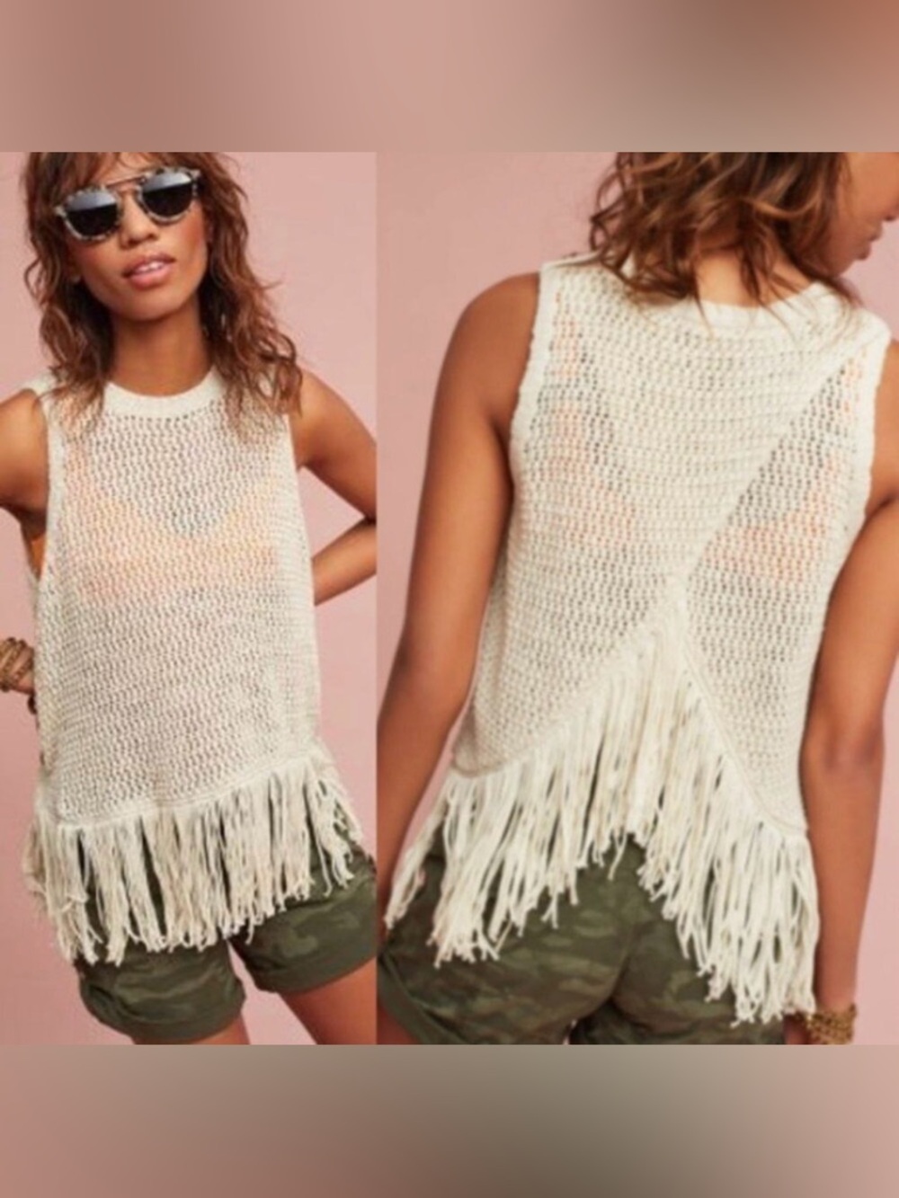 Anthropologie Michael Stars Cream Knit Fringe Tank Top Medium Boho